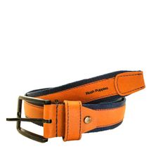 Cinturón unifaz de cuero miel con bordado textil azul para hombre con pasador y hebilla metálica.